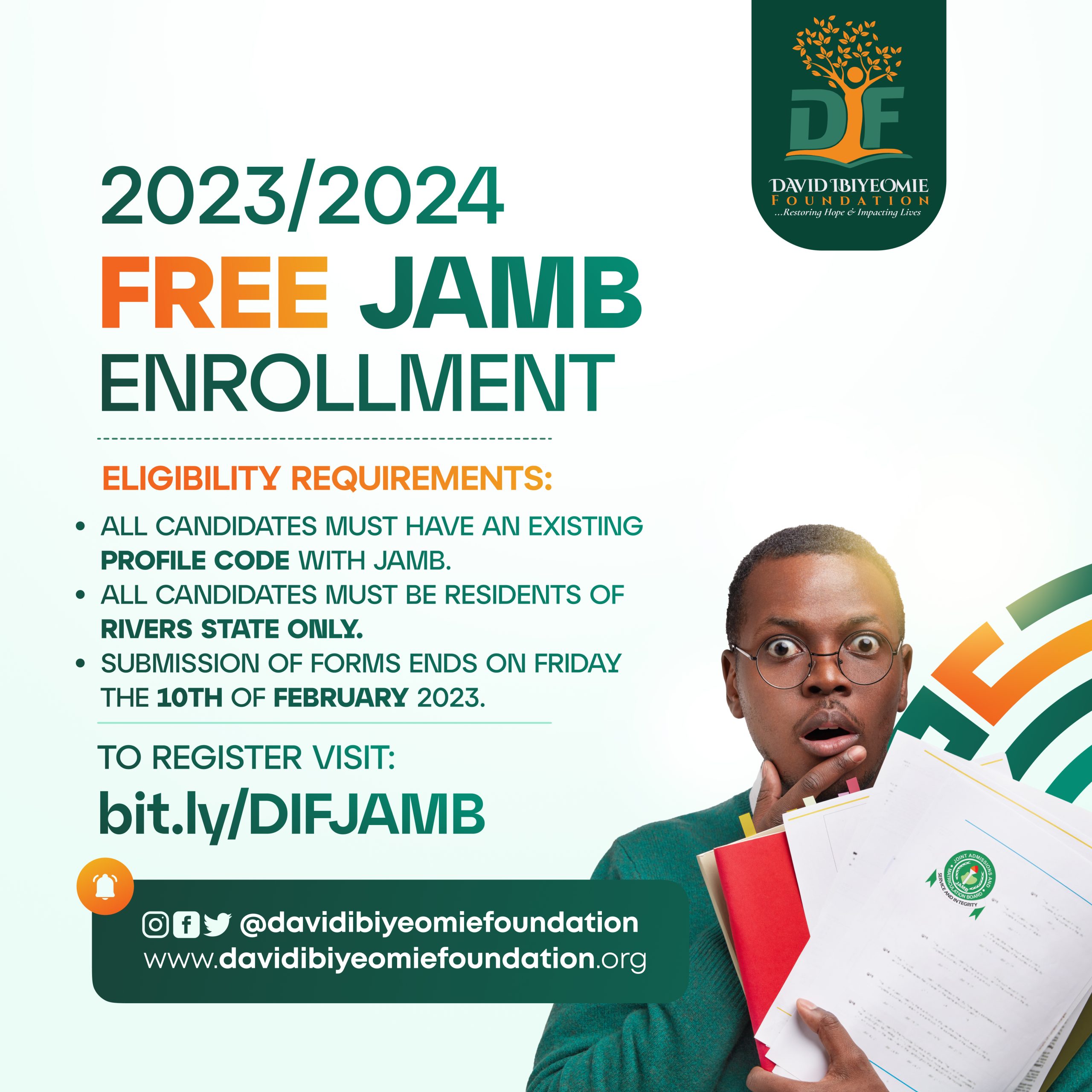 David Ibiyeomie Foundation 2023/2024 Free JAMB Registration David